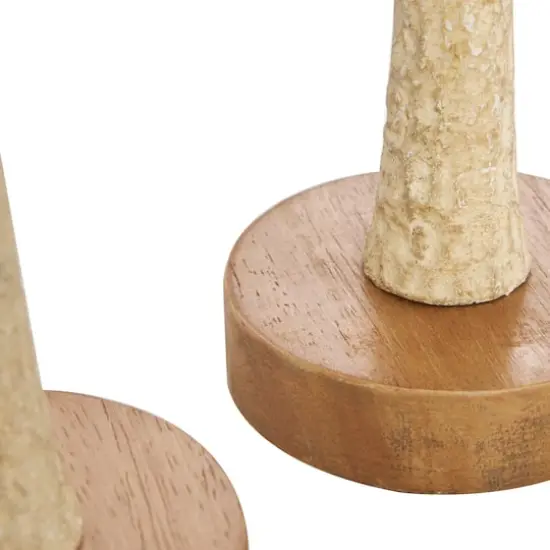Cream Metal Textured Tapered Taper Candle Holder with Brown Wood Bases Set {5}