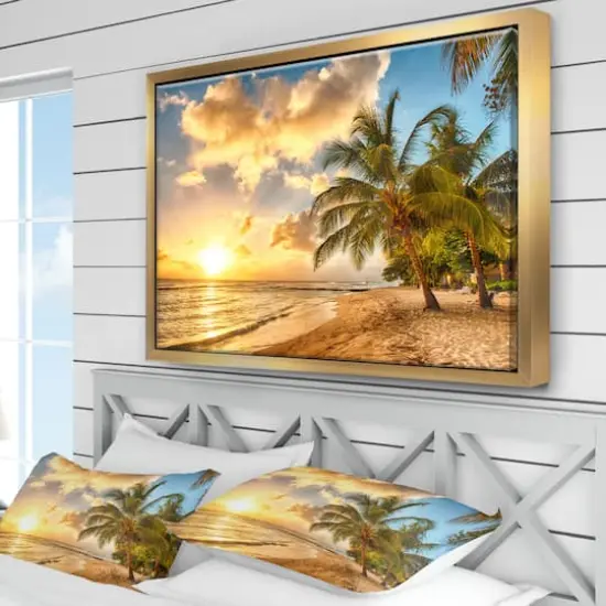 Designart - Gorgeous Beach of Island Barbados - Modern Seascape Framed Canvas Artwork Gold {5}