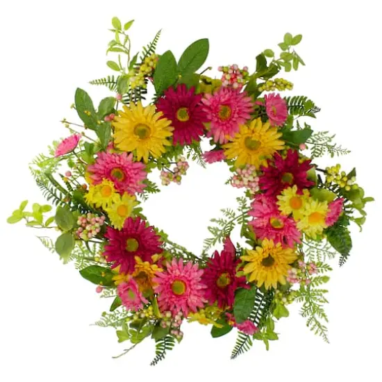 23" Pink & Yellow Chrysanthemum & Daisy Floral Spring Wreath {1}