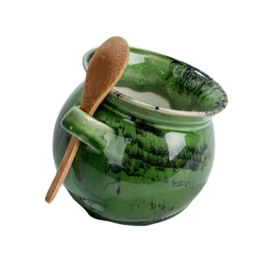 Hello Honey® 4" Green Stoneware Salt Dish with Acacia Wood Spoon {1}