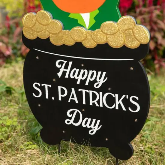 Glitzhome&reg; 24" Lighted St. Patrick's Wooden Leprechaun Pot of Gold D&eacute;cor {7}