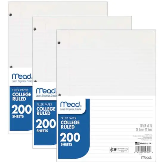 Mead&reg; College Ruled 8" x 10.5" Notebook Filler Paper, 3 Packs of 200 {1}