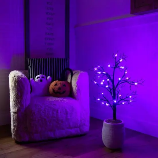 3ft. Pre-Lit Artificial Halloween Spider Twig Tree with 36 Purple LED Lights {13}
