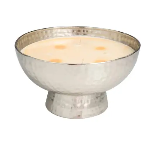 White Wax Jasmine Scented Candle with Elevated Wide Hammered Silver Container {4}