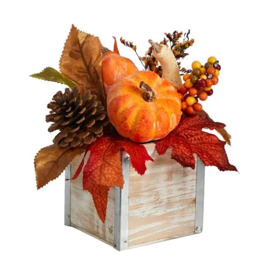 8" Pumpkin, Gourd, Berries & Pinecones Autumn Arrangement In Natural Washed Vase {4}