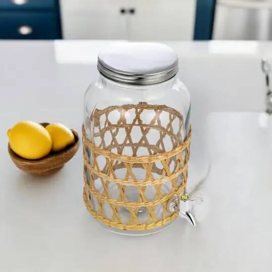 Hello Honey® 5.5qt. Glass Beverage Dispenser with Natural Woven Seagrass Sleeve {8}