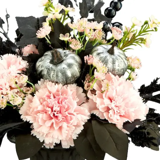 17" Pretty Morbid Pink Carnation Halloween Centerpiece in Black Urn {4}