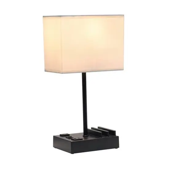 Simple Designs 15.3" Table Lamp with 2 USB Ports & Charging Outlet Black Base/White Shade {5}