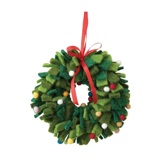 Hello Honey&reg; 7" Green & Multicolor Pom Pom Round Wool Felt Wreath Ornament {1}