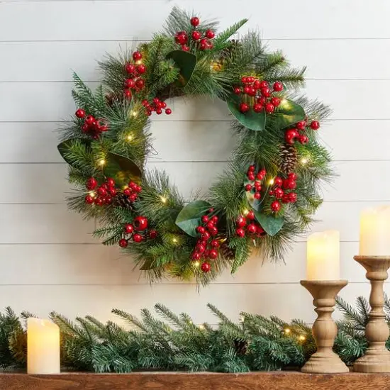 Glitzhome&reg; 24" Pre-Lit Berry, Magnolia Leaf & Pinecone Wreath {8}