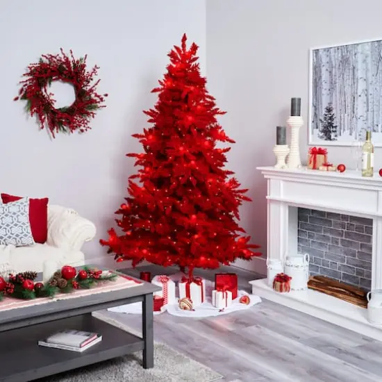 7ft. Pre-Lit Red Fraser Fir Artificial Christmas Tree, Red Lights {7}