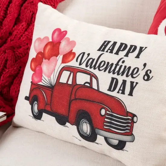 Glitzhome&reg; 18" Faux Burlap Happy Valentine's Truck Pillow {5}