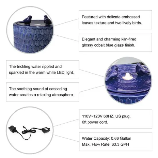 Glitzhome&reg; 15" LED Bird Cylindrical Ceramic Fountain Cobalt Blue {8}