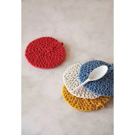 Hello Honey&reg; 8" Red, Blue, Yellow & White Round Cotton Crocheted Pot Holder Set {3}