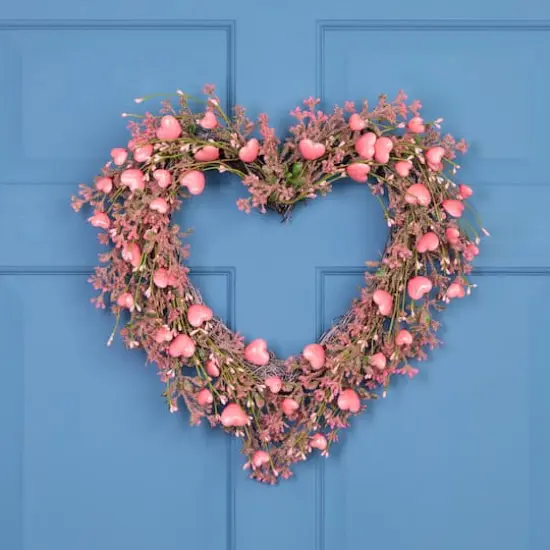 18" Pink Hearts & Rosebuds Artificial Heart Shaped Valentine's Day Wreath {3}