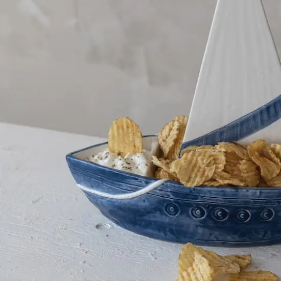 Hello Honey Stoneware Sailboat Shaped Chip and Dip with 2 Sections and Removable Sail, Blue and White {4}