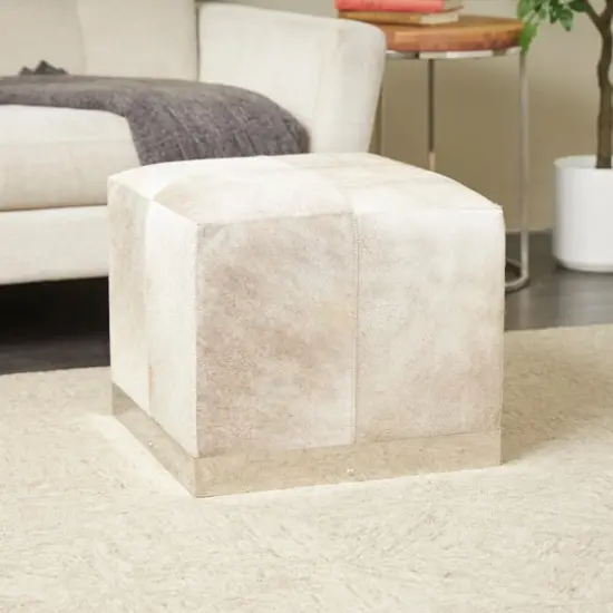 17" Gray Leather Patchwork Pouf with Silver Metal Base {11}