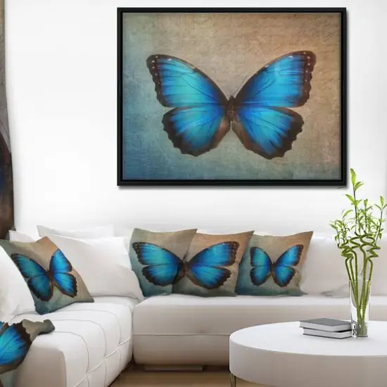 Designart - Blue Vintage Butterfly - Floral Art Framed Canvas Print Black {6}