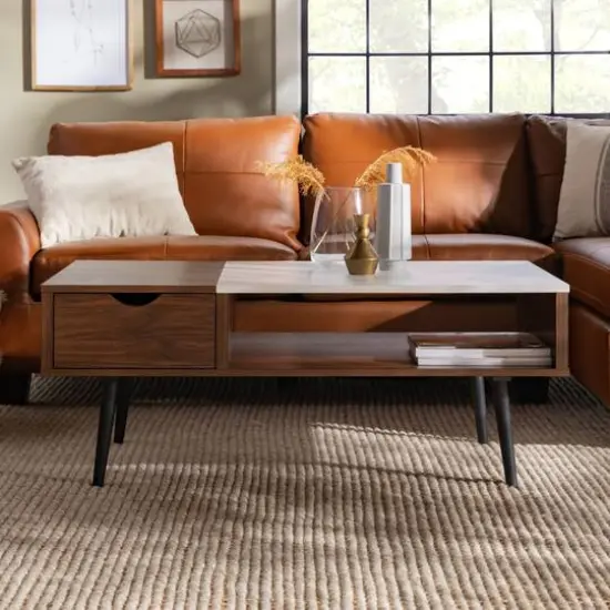 Dark Walnut Mid Century Modern Faux Marble Coffee Table {4}