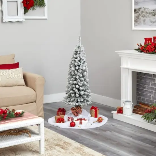 4ft. Pre-Lit Flocked Pencil Artificial Christmas Tree with Clear LED Lights {8}