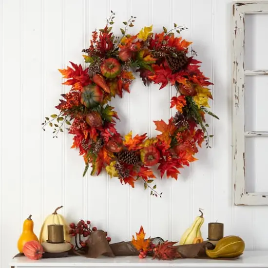 32" Maple Leaf, Pumpkin & Berries Artificial Fall Wreath {5}