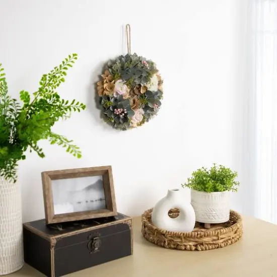 10" Tan & Blue Wooden Floral Wreath {3}