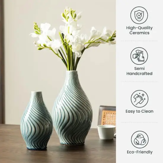 Glitzhome&reg; Spiraling Artistry Turquoise Ceramic Modern Vase Set {3}