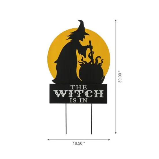 Glitzhome&reg; 30" Black & Orange The Witch Is In Halloween Yard Stake {4}