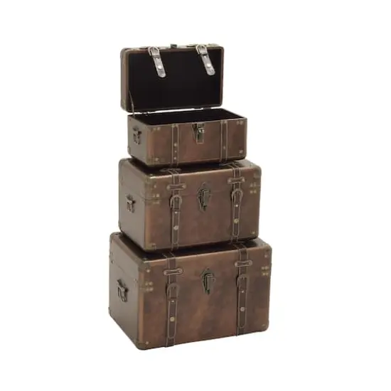 Set of 3" Brown Leather Traditional Trunk, 18", 16", 13" {3}