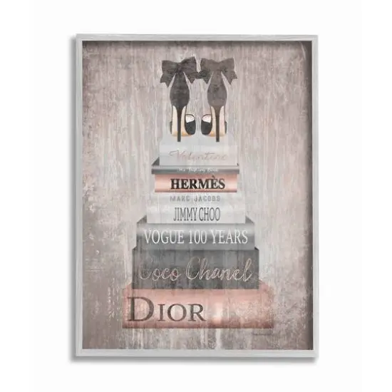 Stupell Industries Luxury Fashion Book Stack & Black Heels Wall Art in Gray Frame {1}