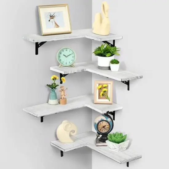 White Rustic Floating Corner Storage Shelf Set {5}