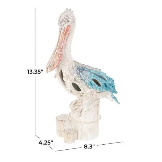 13.25" Pelican Textured Decorative Sculpture with Feathers & Round Blocks Blue {8}