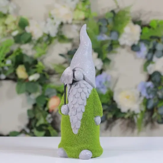 13.5" Faux Moss Covered Gnome with Shovel Outdoor Garden Statue {3}