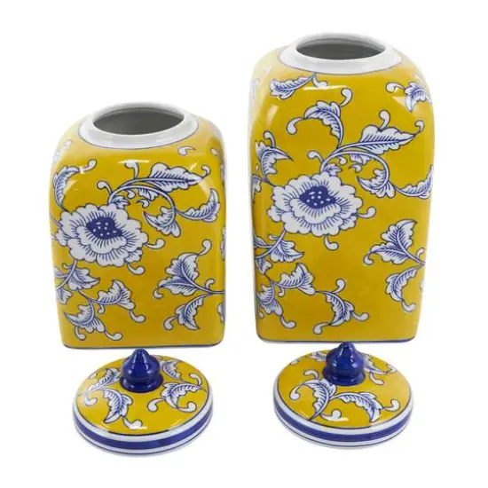 Yellow & Blue Ceramic Floral Decorative Jar Set {4}