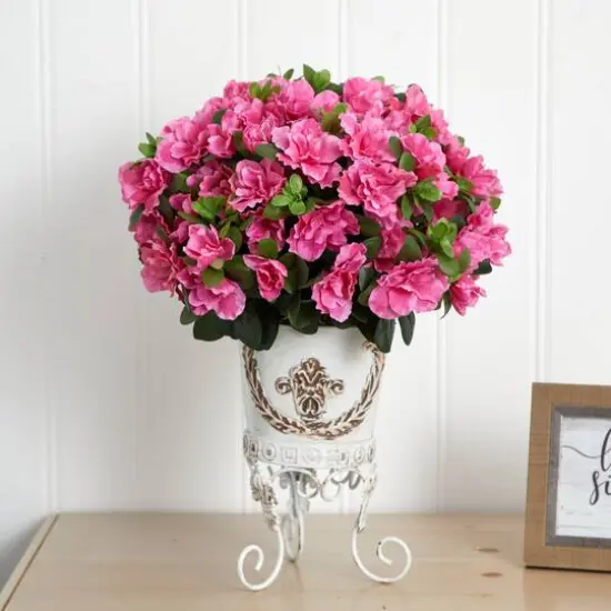 19" Pink Azalea with White Metal Planter {6}