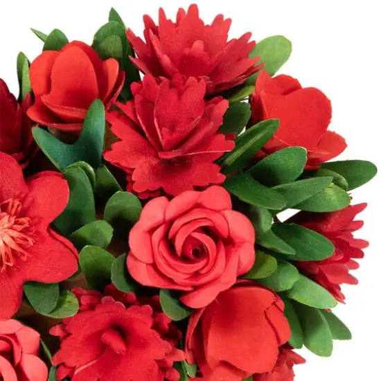 12.25" Mixed Floral with Wooden Flowers Artificial Valentine's Day Heart Wreath {4}