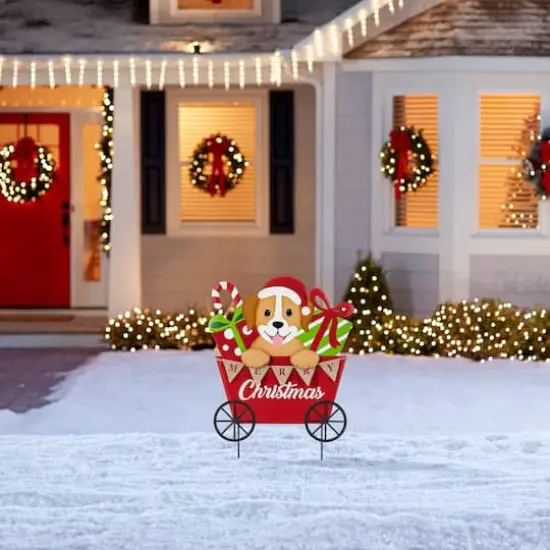 Glitzhome&reg; 24" Metal Christmas Dog and Gift Cart Yard Stake {6}