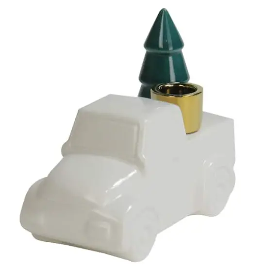 5" White Ceramic Truck with Christmas Tree Taper Candlestick Holder {5}