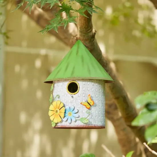 Glitzhome&reg; 11" Distressed Metal Birdhouse with 3D Flowers & Butterfly {8}