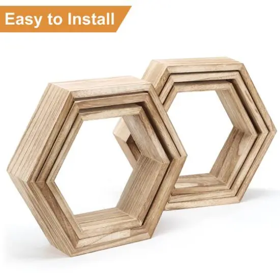NEX&trade; Light Brown Hexagon Floating Wood Shelves Set {4}
