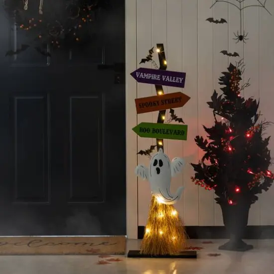 Glitzhome&reg; 41.75"H Lighted Halloween Wooden Ghost's Broom Porch Decor {5}