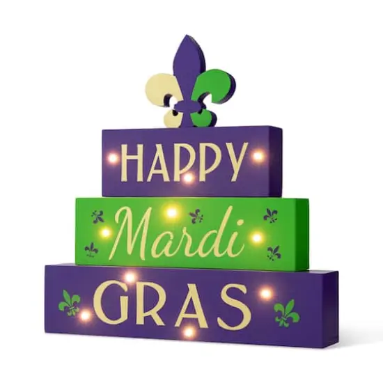 Glitzhome® 11.75" Lighted Mardi Gras Wooden Fleur-de-Lis Block Table Sign {7}