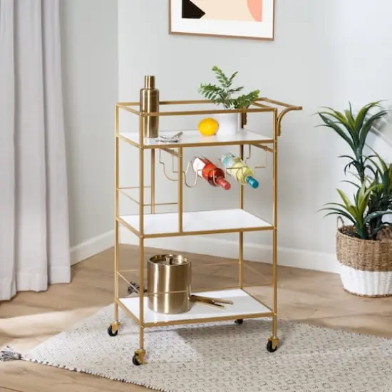 Honey Can Do 3-Tier Gold & White Rolling Bar & Serving Cart with Handles {4}