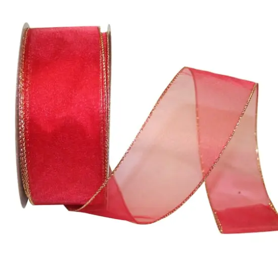 JAM Paper 2.5" x 50yd. Red with Gold Edge Sheer Wired Ribbon {1}