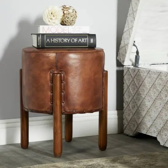 20" Brown Leather & Teak Traditional Stool {8}