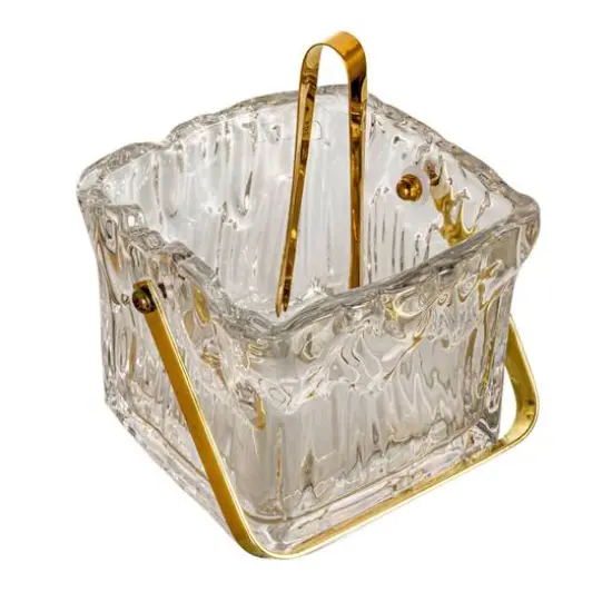 Hello Honey 24-Ounce Textured Glass Ice Bucket with Gold Finish Handle and Tongs, Clear/Gold {1}