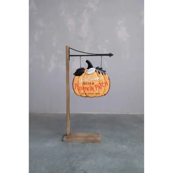 Hello Honey® 38.5" 2-Sided Embossed Metal Pumpkin Sign Décor with Wood Floor Stand {4}