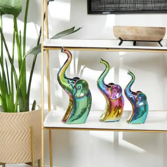Multicolor Ceramic Elephant Sculpture Set with Rainbow Shimmer Finish {3}