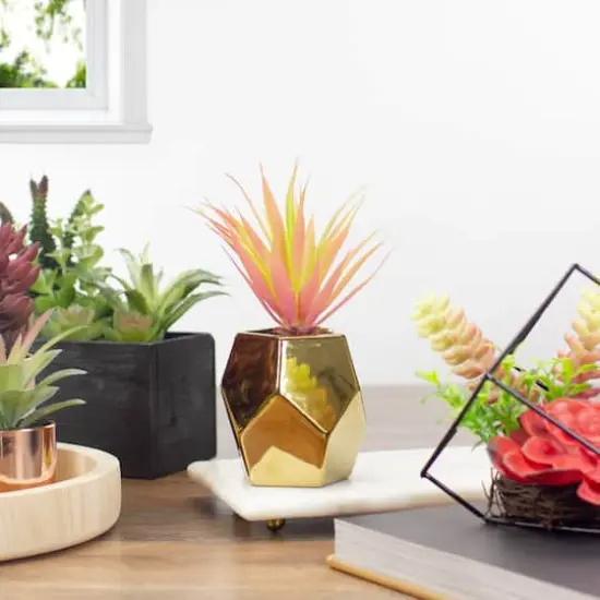 8" Green & Pink Sword Grass in Gold Geometric Pot {3}