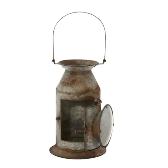 19" Gray Iron Rustic Candle Holder Lantern {4}